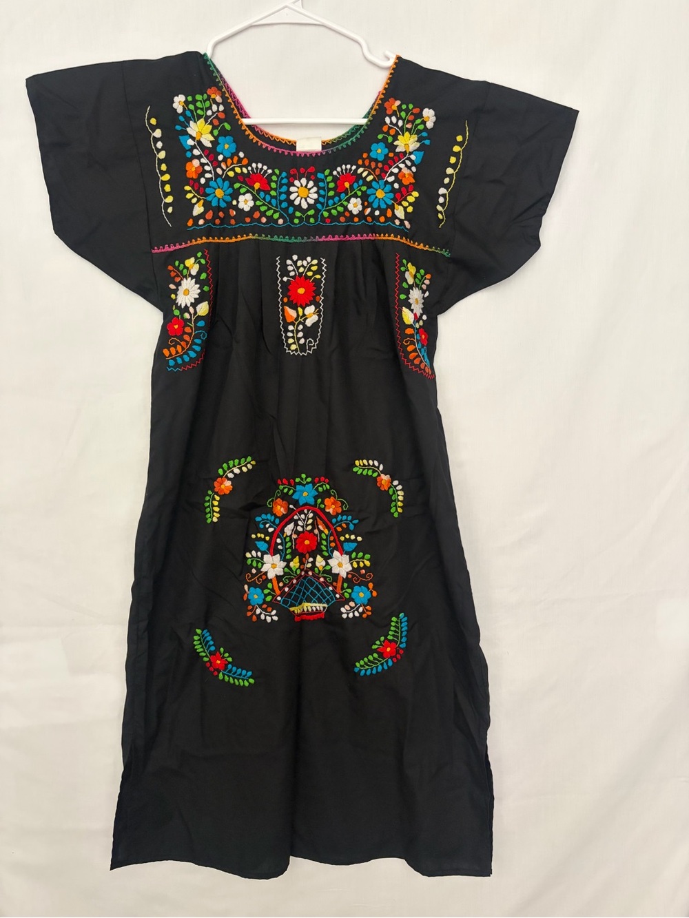 Artesanias FR Womens Black Mexican Floral Hand Embroidered Dress Size S(A884)